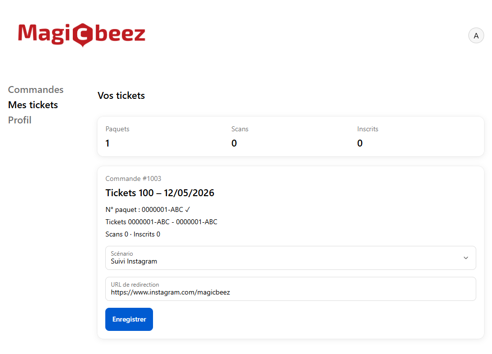 Capture de l’interface Mes tickets : scénario et suivi des participations